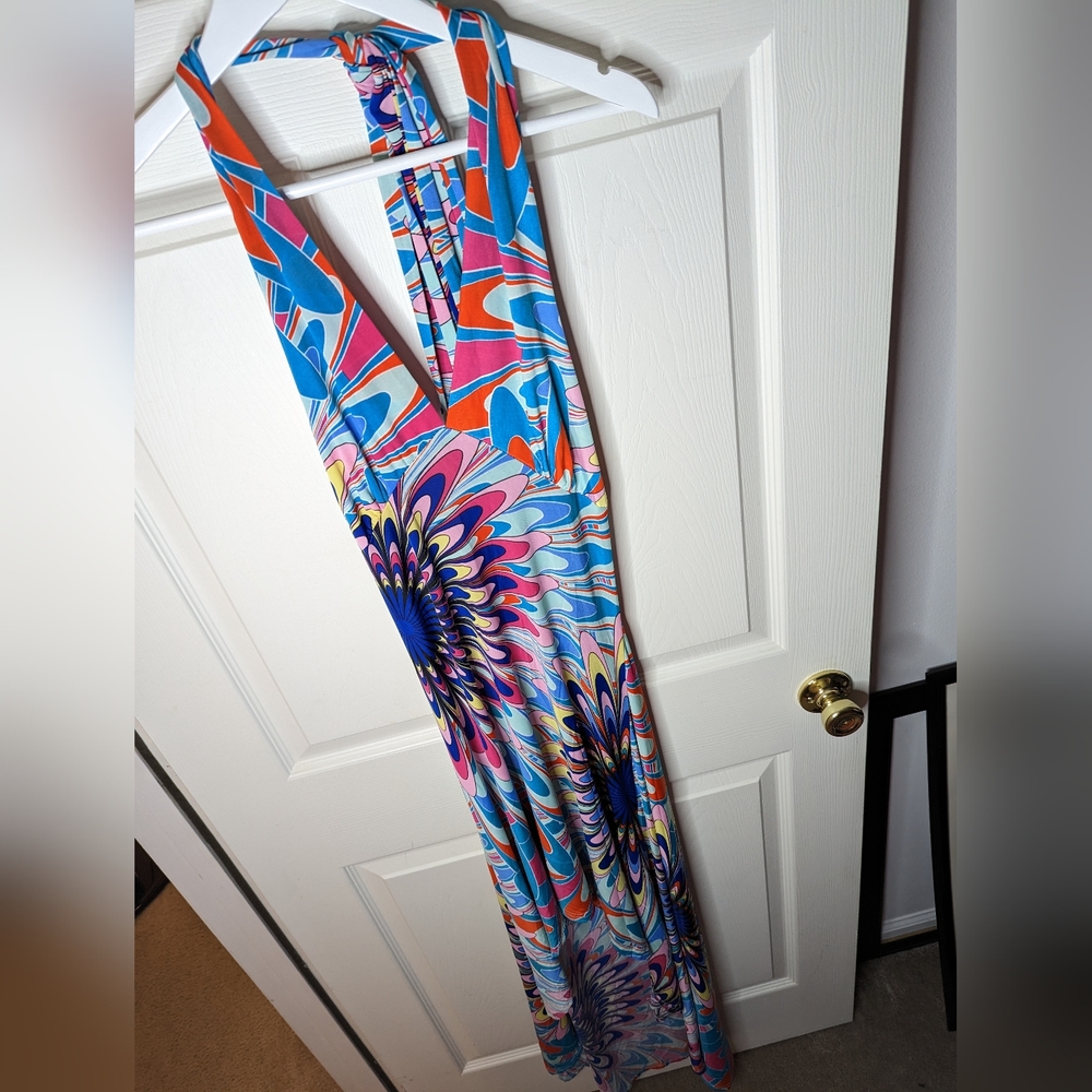 India Boutique Halter dress Blue multicolor High low hem one size NWT